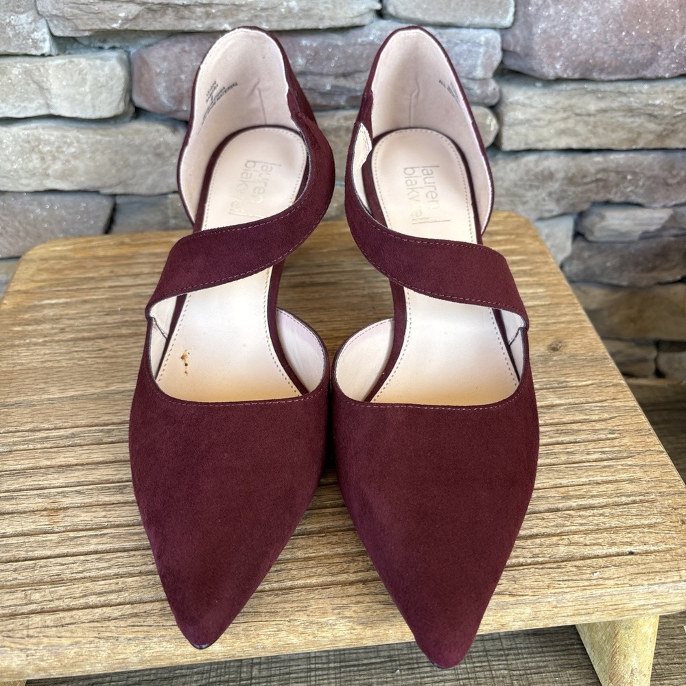 Lauren Blakwell Sandra D'ORSAY Womens Burgundy Kitten Heels Cross Over Strap  9